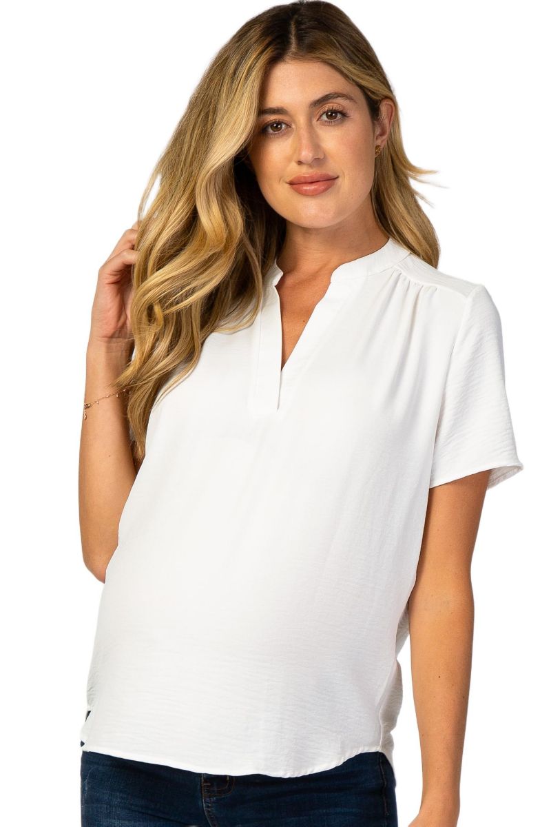Women's White Short Sleeve V-Neck Blouse