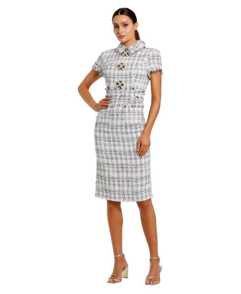 Women's Fitted Boucle Short Sleeve Button Up Midi Dress