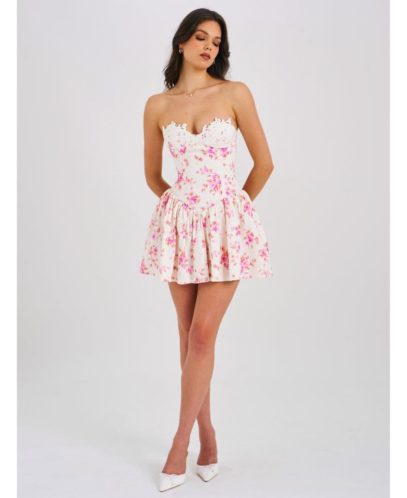Women's Samara Floral Drop Waist Linen Corset Puffy Mini Dress