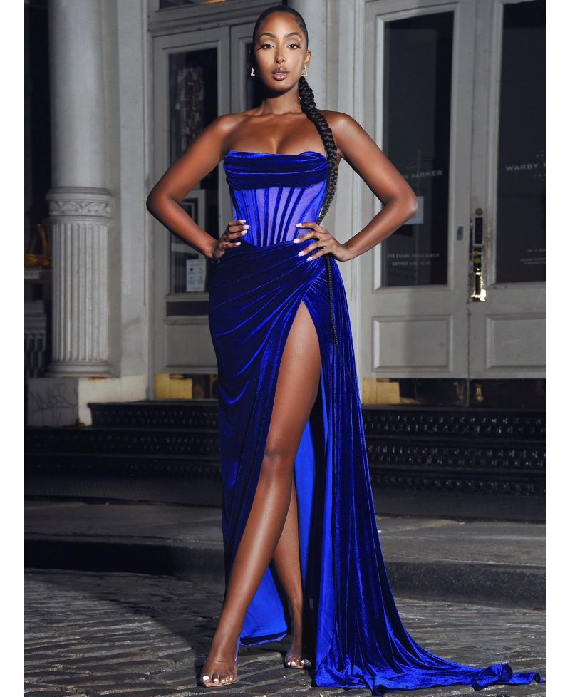 Women Priya Royal Blue Draping Corset High Slit Velvet Gown