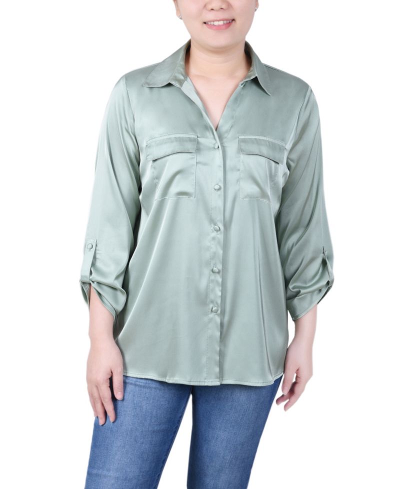 Petite 3/4 Sleeve Roll Tab Satin Blouse