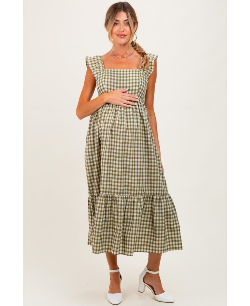 Women's Olive Gingham Ruffle Strap Midi Dress