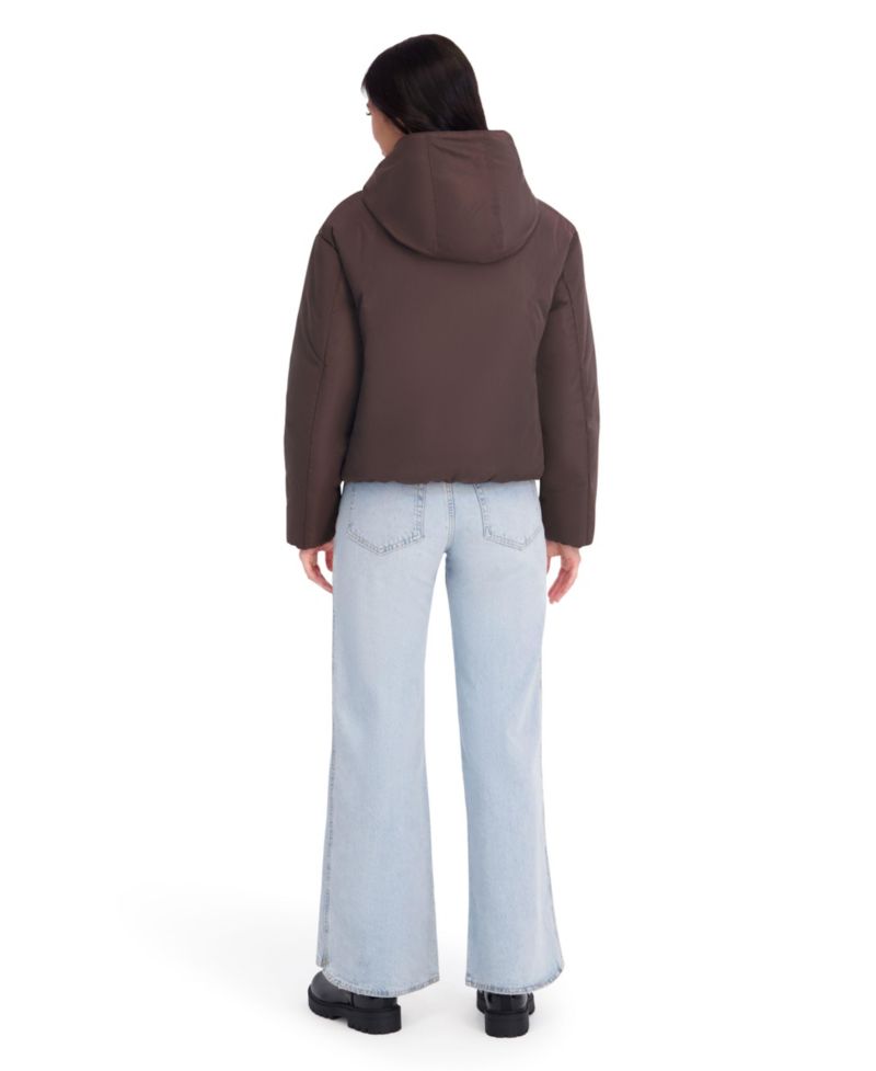 Women's Memory Fabric Puffer Jacket With Attached Hood And Stand Collar