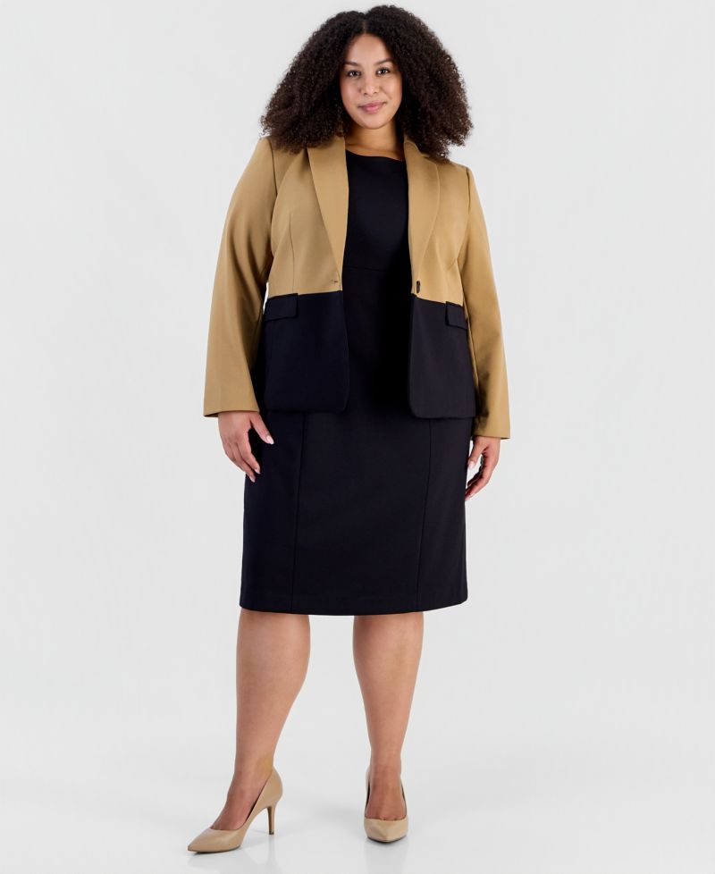 Plus Size Peplum Empire-Waist Seam Colorblock Jacket & Dress, 2-Piece Set