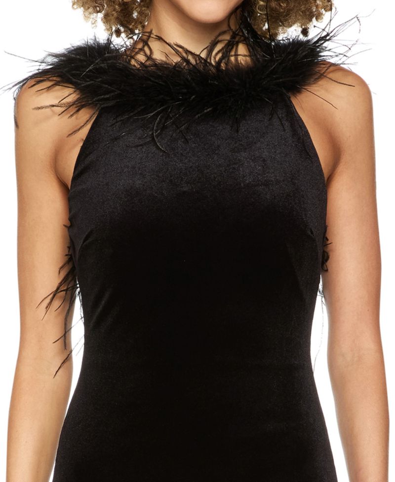 Juniors' Velvet High-Neck Feather-Trim Gown