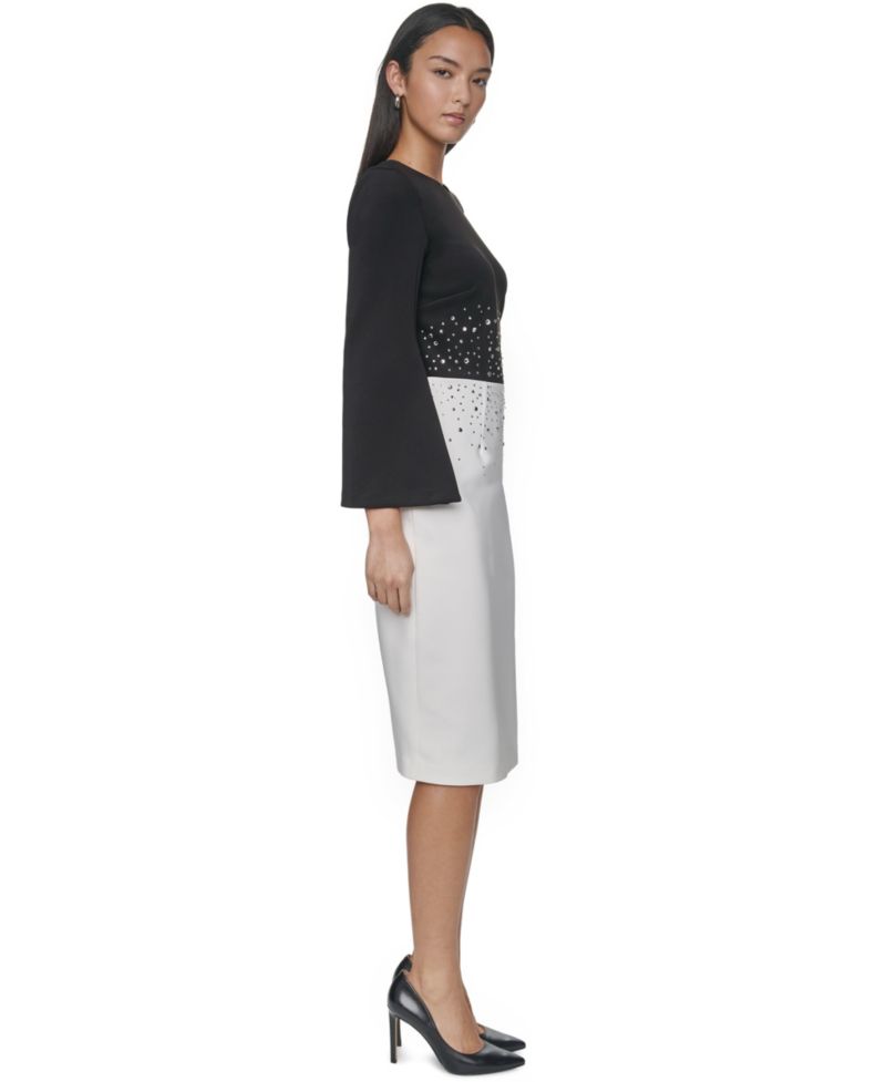 Women's Colorblock Rhinestone Bell-Sleeve Midi Dress