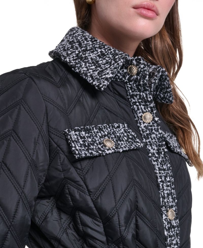 Women's Long Quilted Tweed-Trim Coat