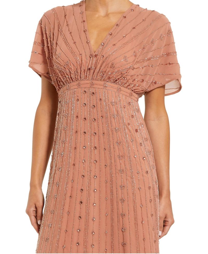 Women's Beaded Short Sleeve V-Neck Empire Waist Gown