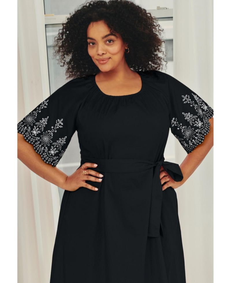 Plus Size Flutter-Sleeve Scallop-Edge Embroidery A-Line Midi Dress