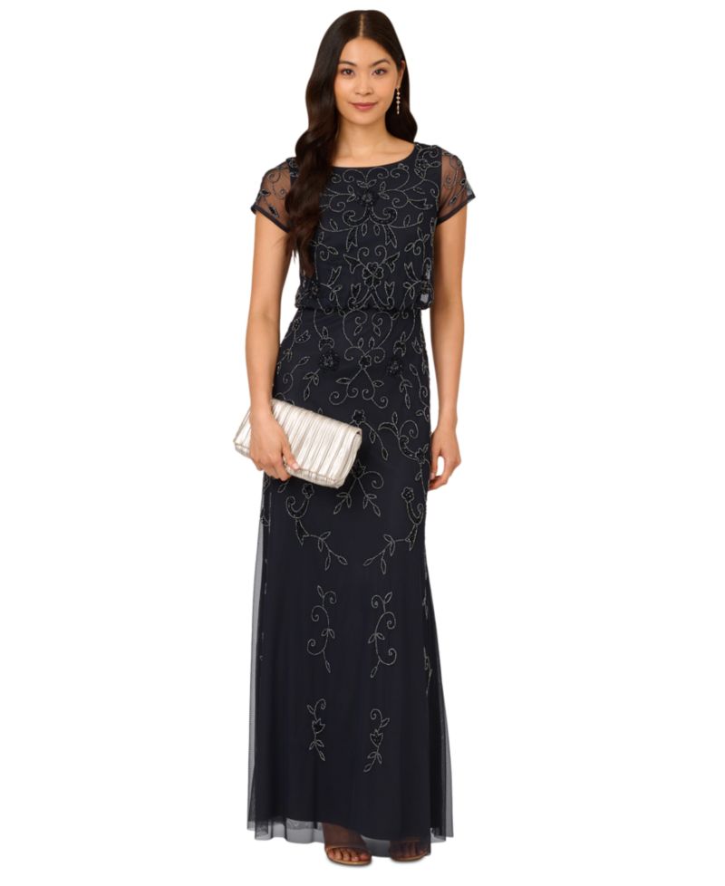 Petite Boat-Neck Short-Sleeve Beaded Blouson Gown