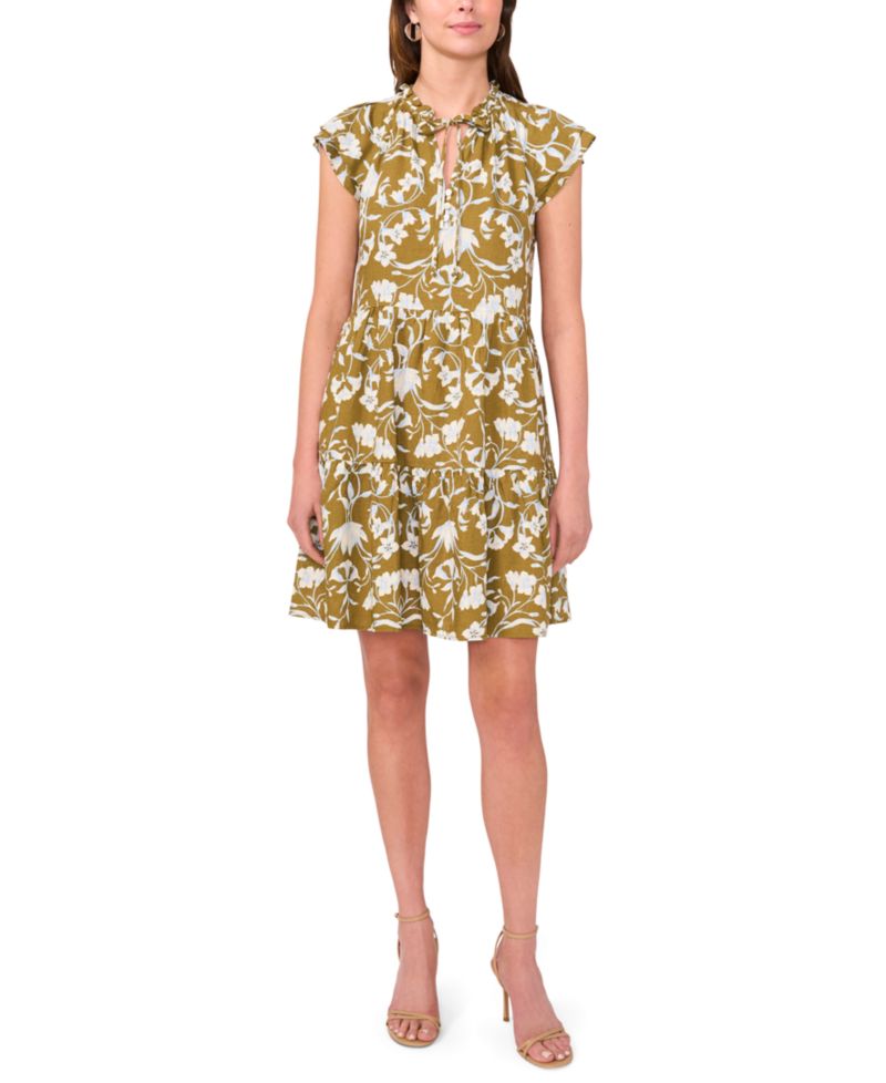Petite Split Tie Neck Flutter-Sleeve Printed Dress