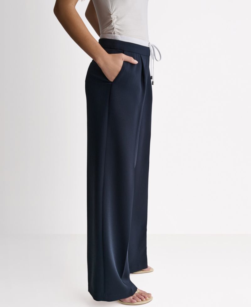 Women's Wide-Leg Contrast Waist Pleated Front Pants