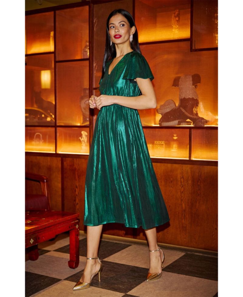 Women's Metallic Ruched Midi Dress