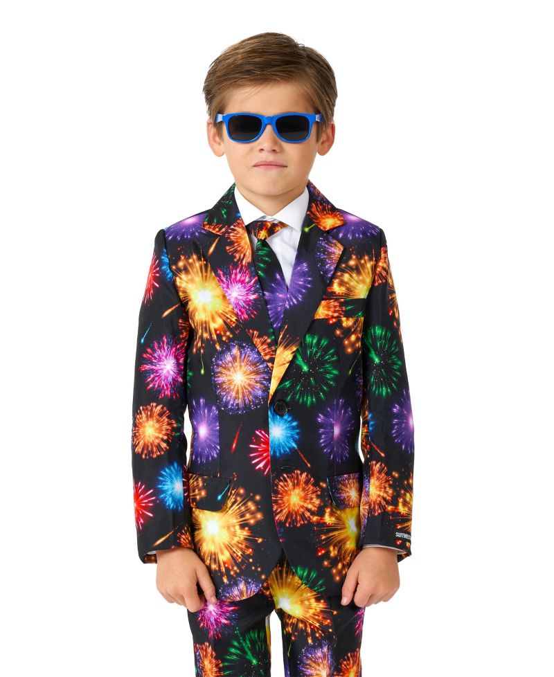 Little Boys Fireworks Button Closure Suit Set Including Blazer, Pants and Clip-On-Tie