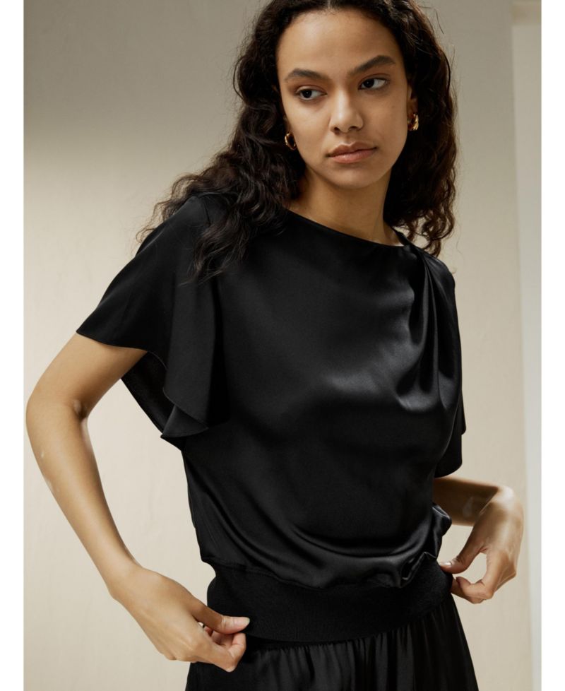 Women's Short Rippled Batwing Sleeves Silk Shirt