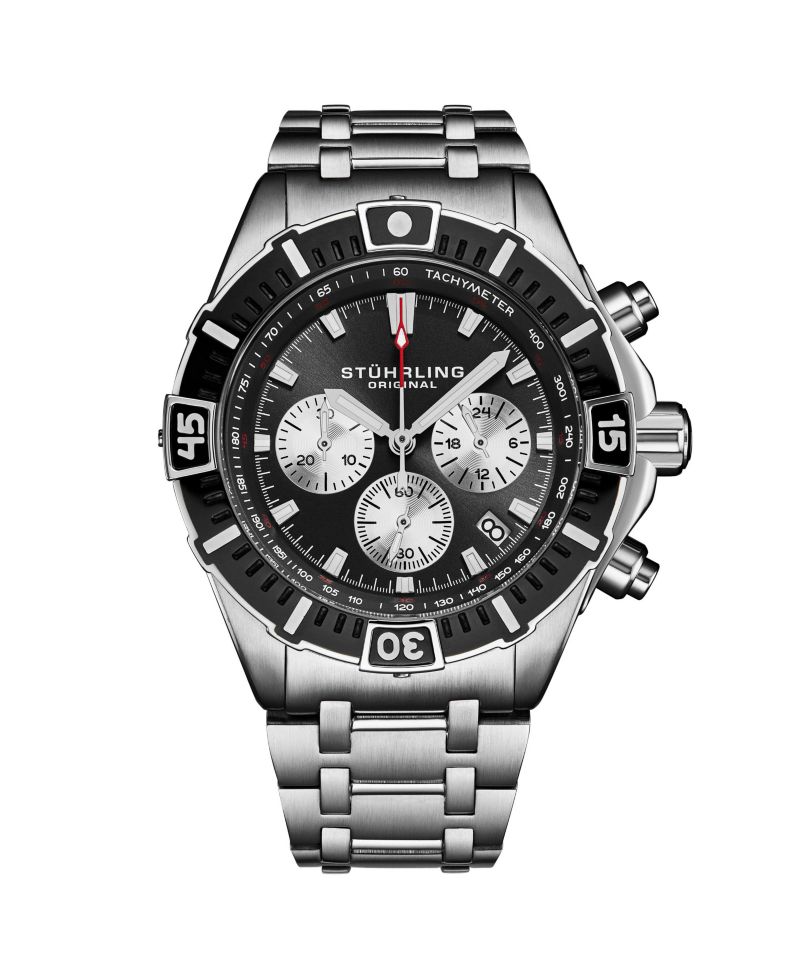 1022 Men s Chronograph Watch Quartz Movement Black Dial Silver Subdials Black Bezel Stainless Steel Case and Bracelet 50M Water Resistant