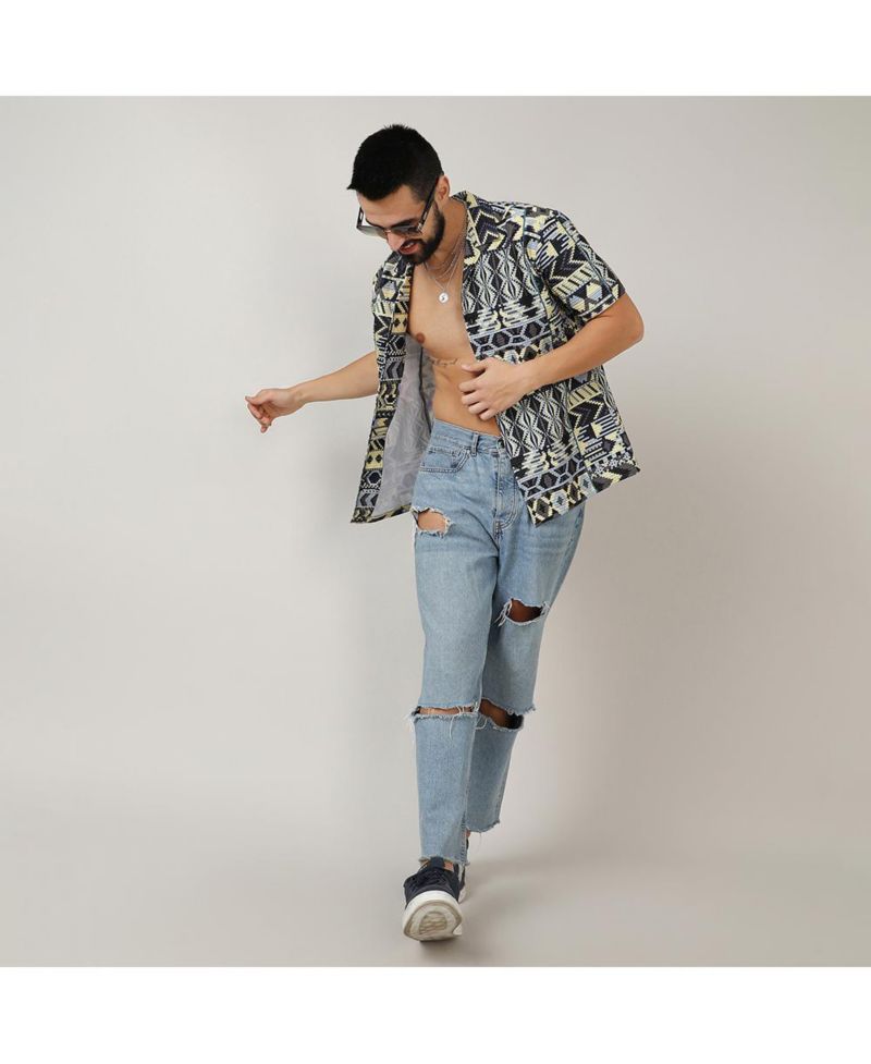 Men's Sky Blue & Lemon Yellow Bohemian Shirt