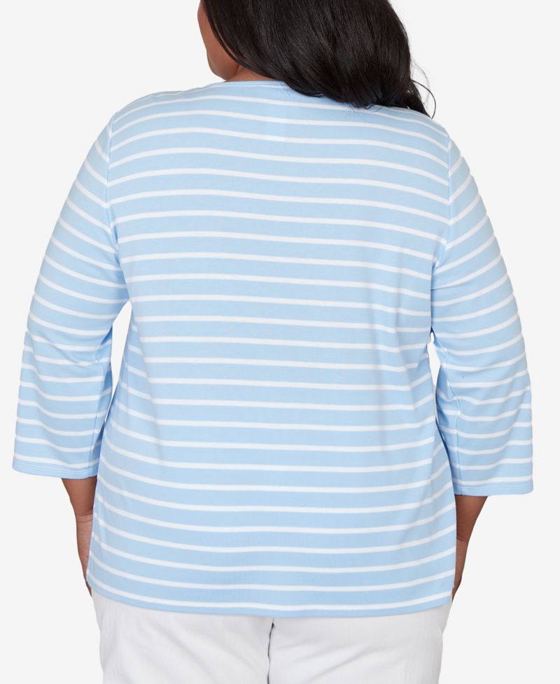 Plus Size Classic Stripe Cornflower Embroidered Sleeve Top with Necklace