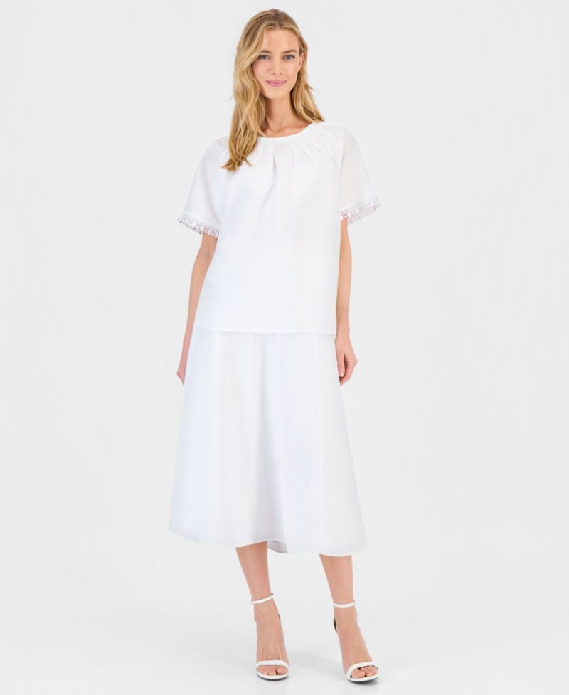 Women's Linen-Blend Pleat-Neck Blouse & Pull-On A-Line Midi Skirt