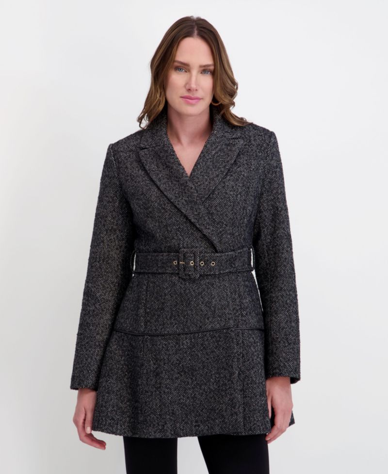Women's Belted Herringbone Tweed Skirted Wool Jacket