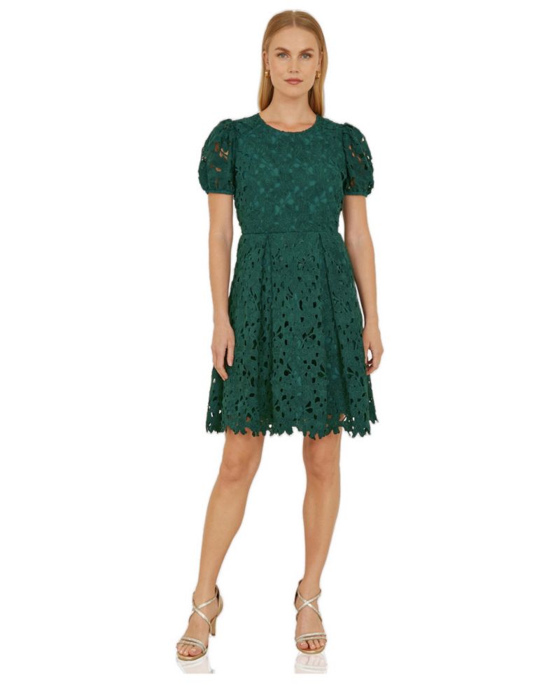 Women's Lace Puff Sleeve Fit Flare Mini Dress