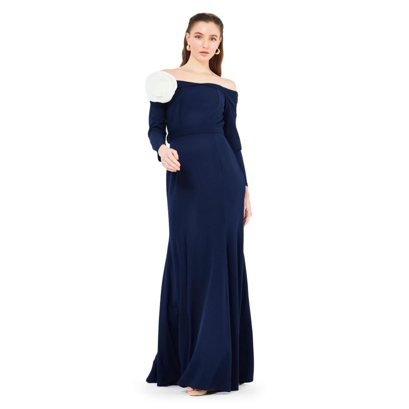 Off-The-Shoulder Long Sleeved Crepe Gown
