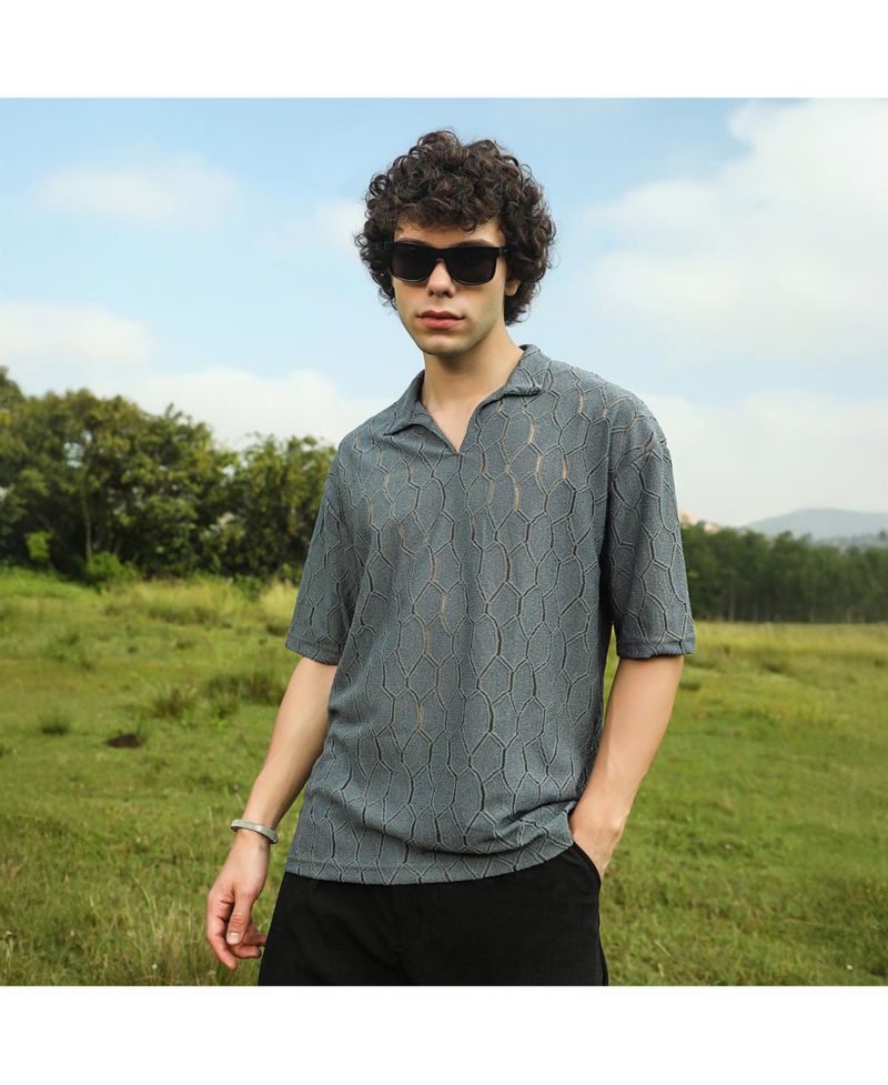 Men's Moon Grey Honeycomb-Knit Polo T-Shirt