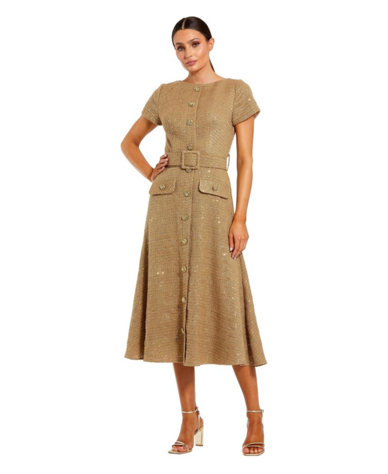 Women's Boucle Cap Sleeve High Neck Button Up Midi Dress