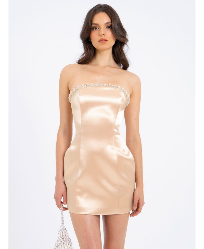 Women's Paisley Pearl Trim Gold Sleeveless Mini Dress