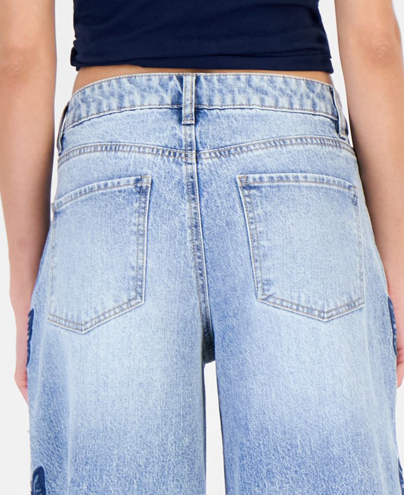 Juniors' 90s Skater High-Rise Wide-Leg Butterfly Embroidery Jeans