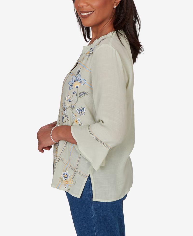 Petite Floral Embroidered Squares Button-Front Top