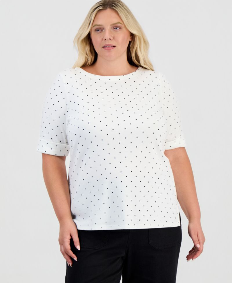 Petite Printed Boat-Neck Elbow Sleeve Top