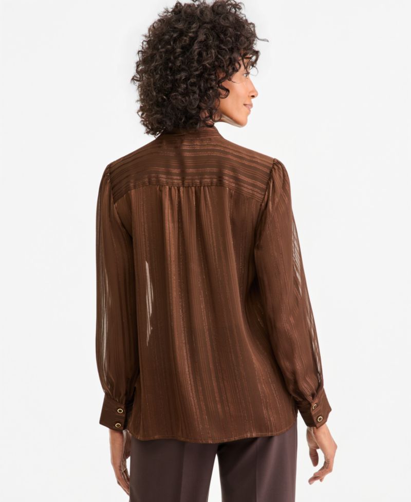Women's Tie Neck Satin Stripe Long-Sleeve Blouse