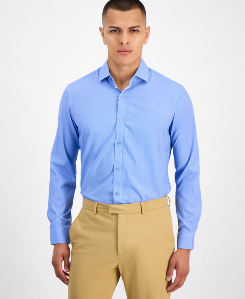 Men's Slim-Fit Performance Four-Way Stretch Mini Plaid Dress Shirt
