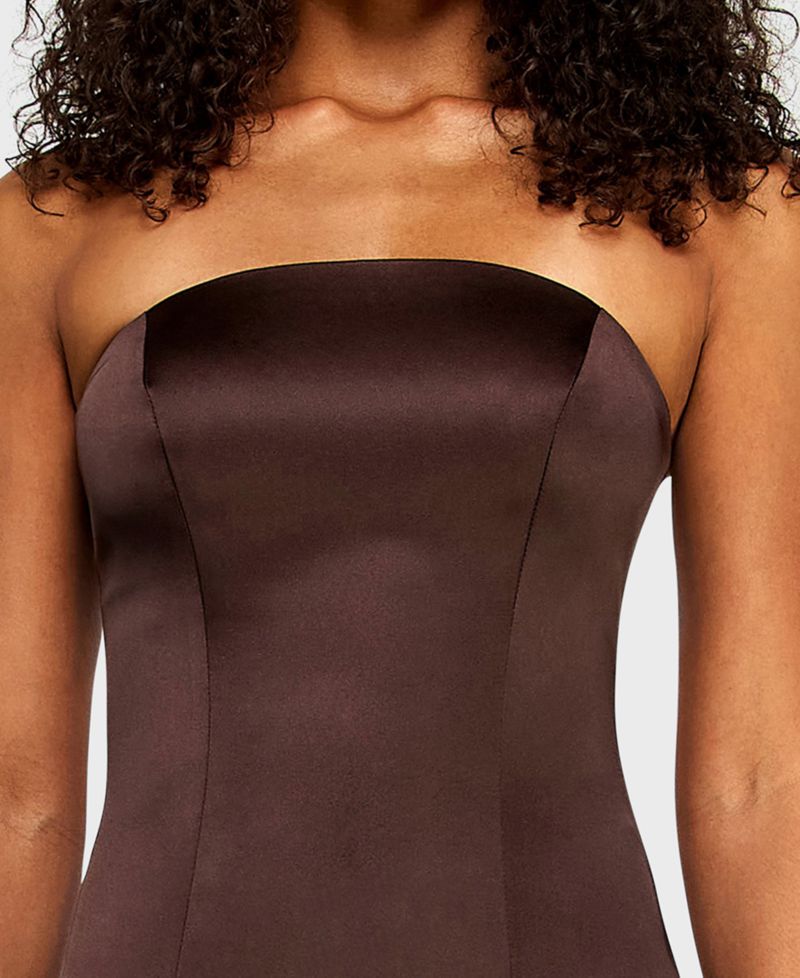 Juniors' Satin Strapless Faux Feathers Trim Detail Dress