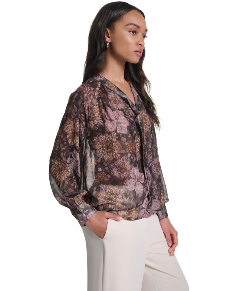 Women's Tie Neck Sheer Floral Blouse