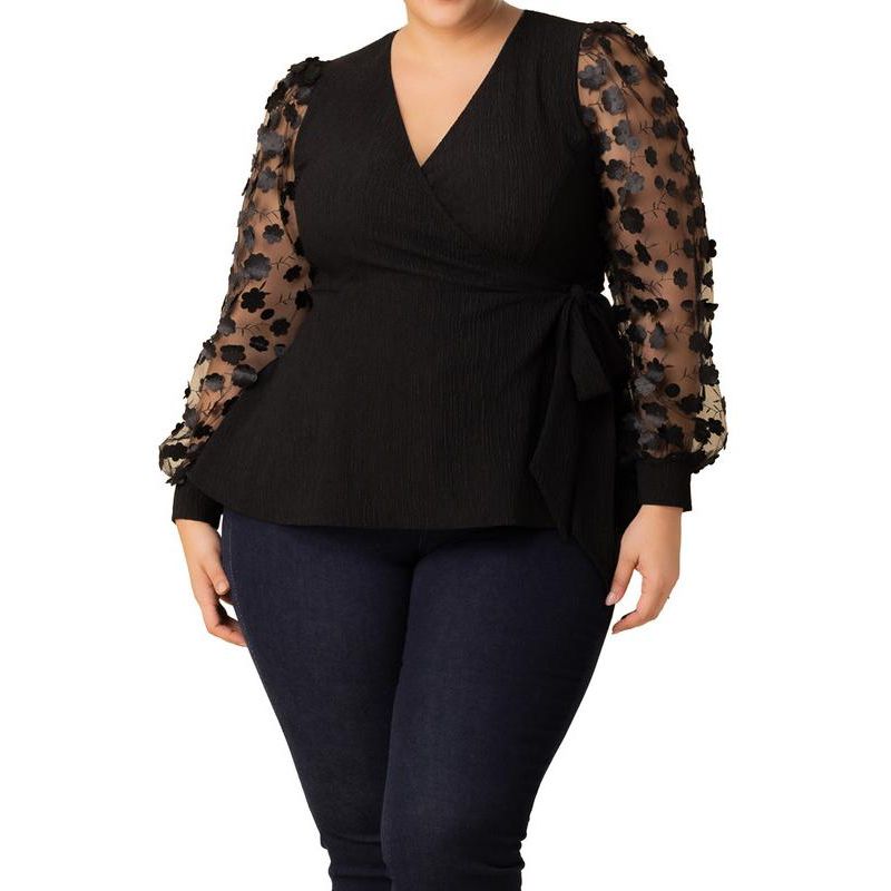 Plus Size Scattered Petals Long Sleeve Wrap Top
