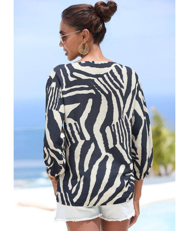 Women's Abstract-Print Boat-Neck Balloon-Sleeve Blouse