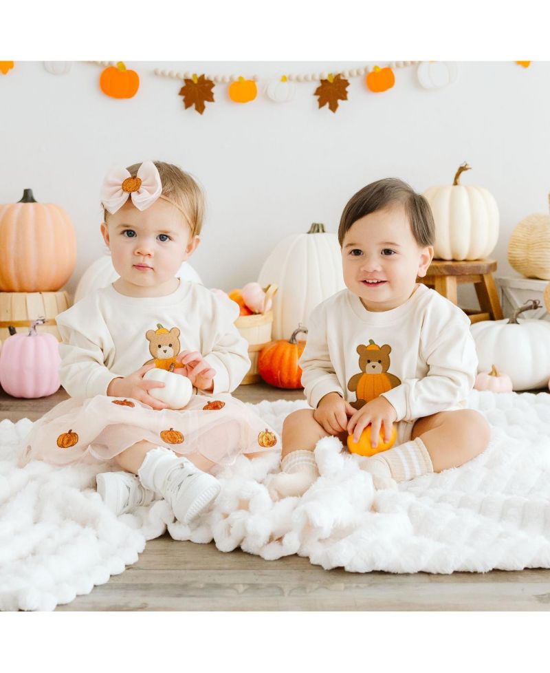 Baby Boys Pumpkin Teddy Bear Patch Long Sleeve Romper