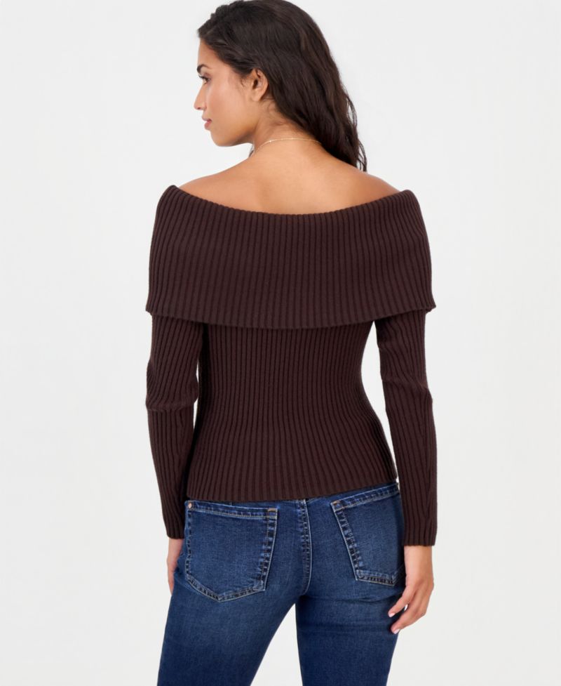 Juniors' Marilyn Striped Off-the-Shoulder Ribbed Pullover