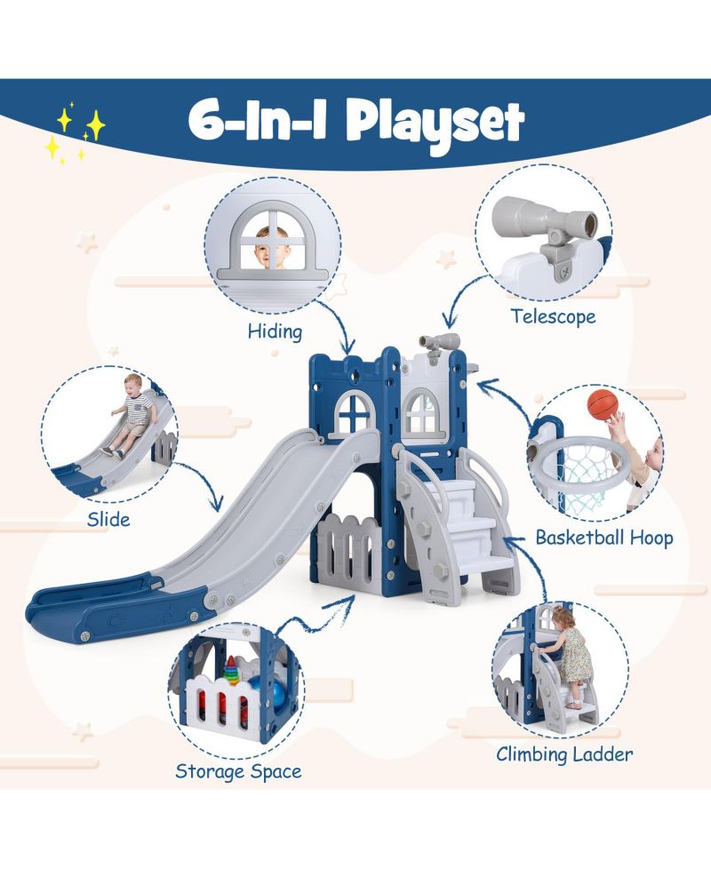6-in-1 Kids Playground Set with Slide Ladder and Basketball Goal