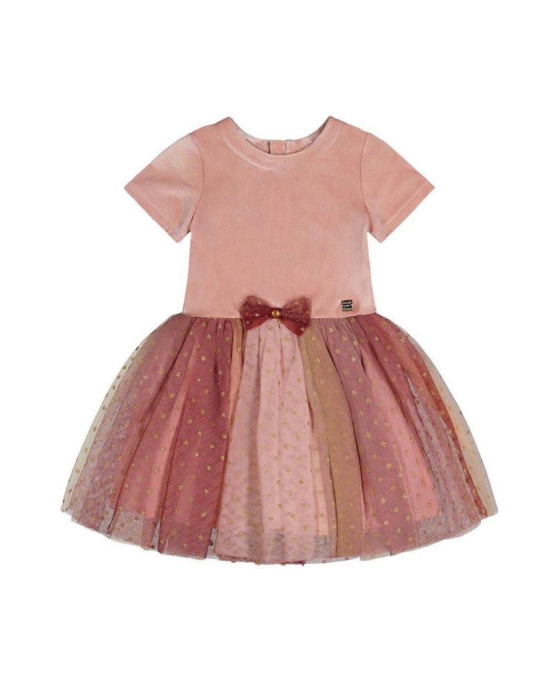 Little and Big Girl (6-14) Bi-Material Dress with Gradient Print Skirt