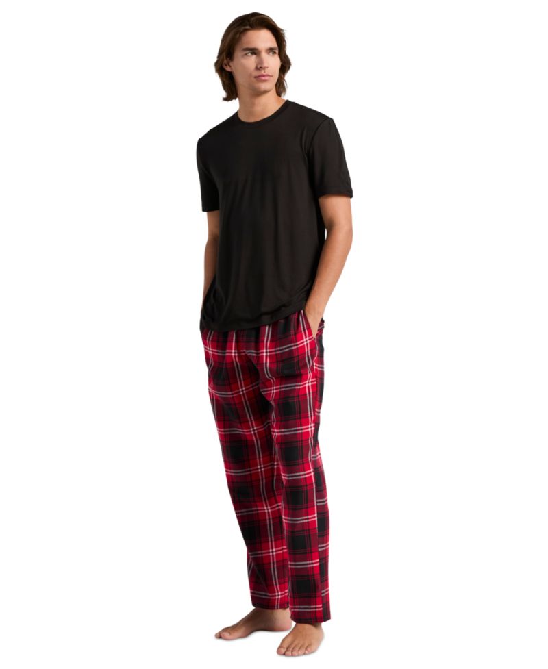 Men's Deluxe Touch Crewneck T-Shirt and Flannel Plaid Pants, 2-Piece Set