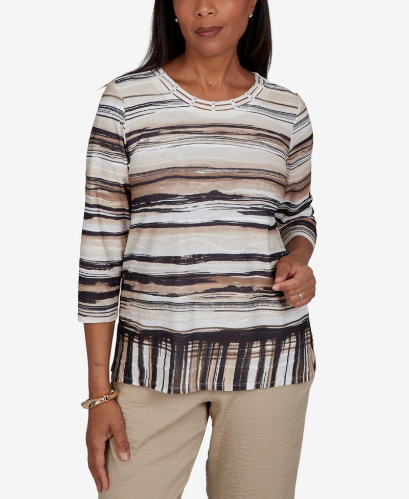 Petite Travel Advisory Scratched Stripes 3/4-Sleeve Striped Knit Top