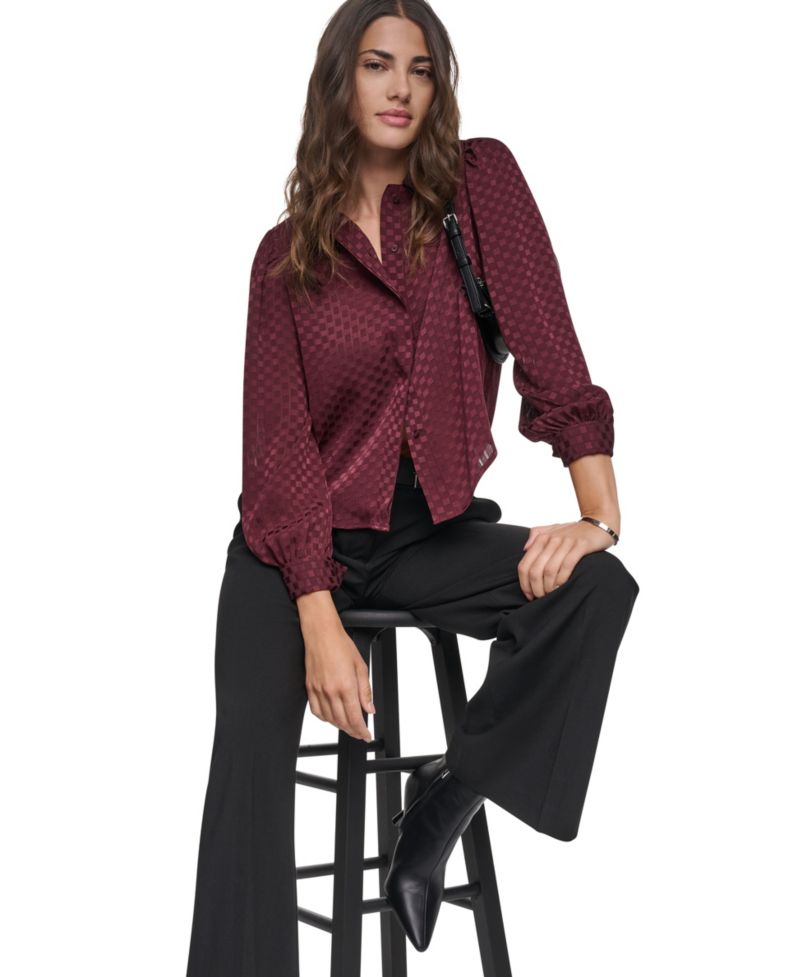 Petite Long-Sleeve Puff-Sleeve Button-Front Blouse