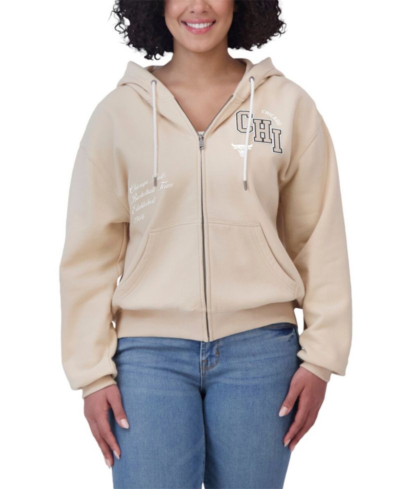 Women's Cream Chicago Bulls Plus Size Tonal Felt Patch Full-Zip Hoodie