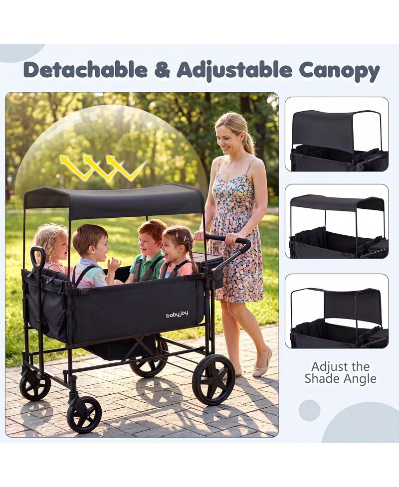 Foldable Wagon Stroller for 4 Kids with Removable Canopy