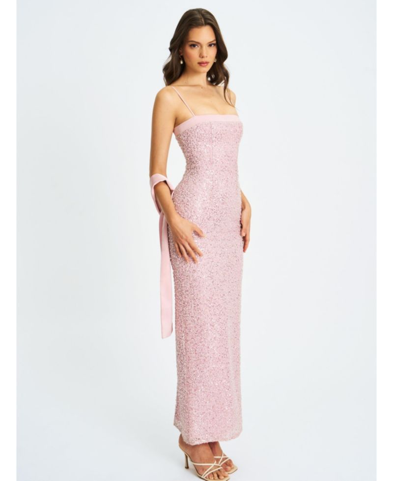 Women Raizel Pink Beaded Sequin Bodycon Gown with Scarf