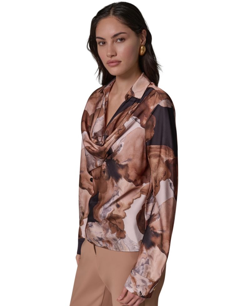 Women's Long-Sleeve Satin Cowl-Neck Blouse