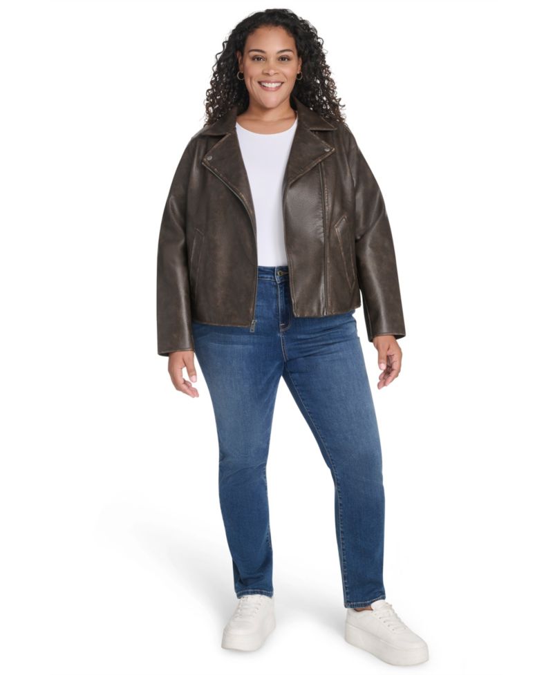 Plus Size Faux-Leather Long Sleeve Moto Jacket